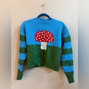 Zara Blue Green Checkered Mushroom Toadstool Cropped Cottagecore Fairy Sweater